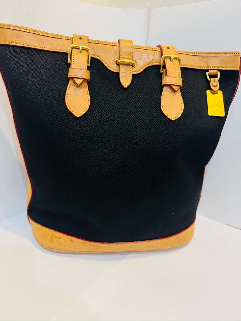Vintage Dooney & Bourke Cabriolet Tote Black Canvas Tan Leather Made USA